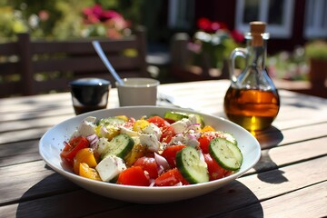 fresh greek salad with feta cucumber tomato and olive oil on wooden table in summer garden

