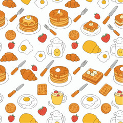 Seamless Breakfast Food Pattern with Pancakes, Eggs, and Croissants