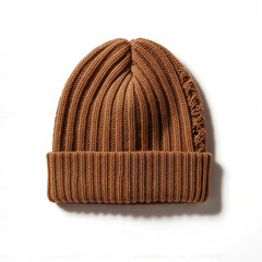 Fototapeta premium Cozy Knit Beanie: A close-up, studio shot of a warm, brown knitted beanie hat, displaying its soft texture and simple, timeless design. 