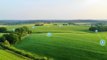 Naklejka premium Connecting communities through technology in rural landscapes aerial view of digital interactions in nature