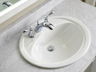 Fototapeta premium Close up view of a classic white oval bathroom sink with a vintage chrome faucet and marble countertop