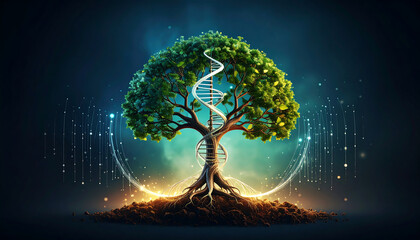 A glowing DNA double helix spiral intertwined with a large, vibrant tree of life, symbolizing the connection between genetics, nature, and science.