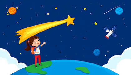 Naklejka premium A young student girl with a backpack stands on Earth, reaching for a large shooting star in a night sky with planets and a satellite.