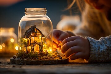 Enchanting miniature house inside a glass jar, illuminated by fairy lights, capturing a child's fascination with a magical world.