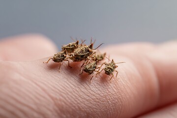 Naklejka premium A close-up of several brown insects clustered on a human finger, showcasing intricate details and textures.