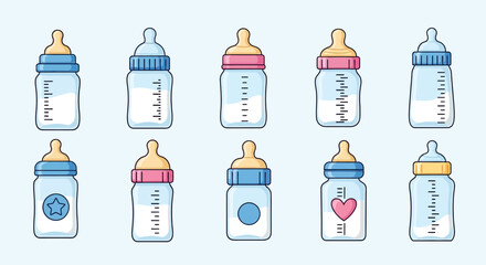 Set of cartoon baby bottles vector icons