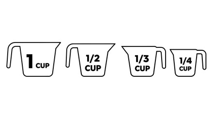 Measuring Cups Outline Illustration &ndash; 1 Cup, 1/2 Cup, 1/3 Cup, 1/4 Cup