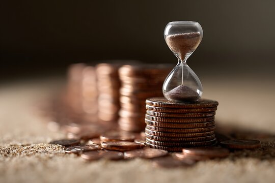 Time is money with hourglass and coins, representing financial planning and investment strategies for the future.