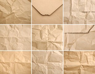 Collection of crumpled kraft paper textures