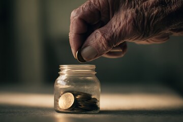 A wrinkled hand placing a coin into a glass jar filled with savings, symbolizing financial security and retirement.