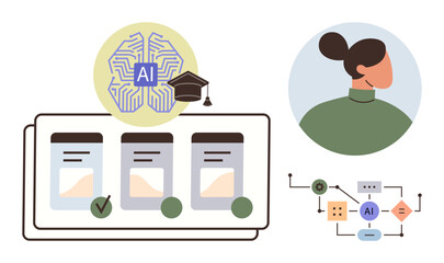 Neural network with AI text, graduation cap, checklist, decision flow chart, persons portrait. Ideal for learning, training, innovation, decision-making technology education artificial