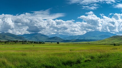 Fototapeta premium Sweeping Green Grass Field in Panoramic Natural Landscape