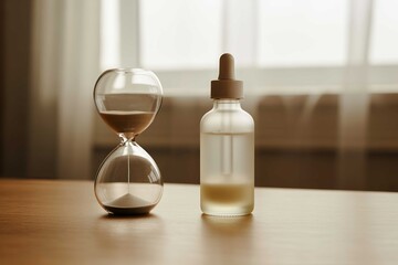 Hourglass and serum bottle on table still life shot