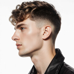 Obraz premium Profile Portrait: A close-up, studio shot of a handsome individual with a sophisticated hairstyle, showcasing the art of modern barbering, natural beauty and perfect skin texture.