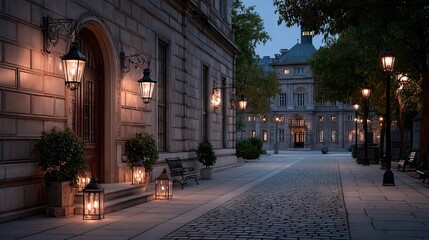 Fototapeta premium Glowing Street Lamps Line Quiet City Street at Dusk