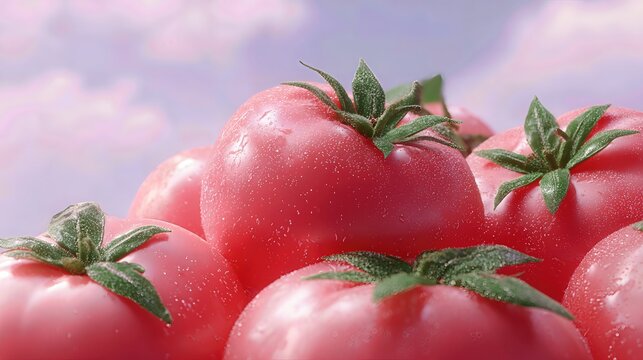 Vibrant Tomato Pile: A close-up perspective of a heap of ripe, rosy tomatoes, each one perfectly plump and glistening, their fresh green leaves a counterpoint to the delicious fruit.