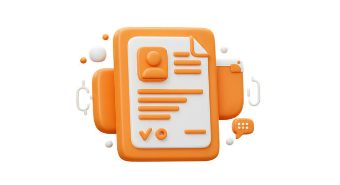3d orange smartphone displaying a resume with profile picture and text isolated on transparent background