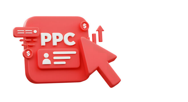 3d red ppc icon with cursor and upward arrow isolated on transparent background