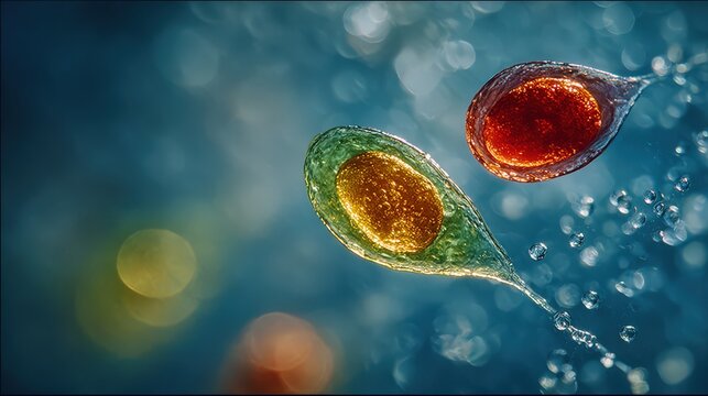 Microscopic View of Two Paramecia Swimming in Water