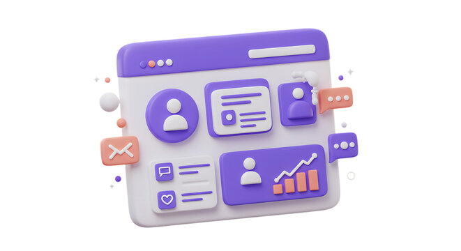 3d user interface profile page with analytics and icons isolated on transparent background
