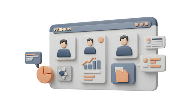 3d user interface with profile cards and analytics isolated on transparent background