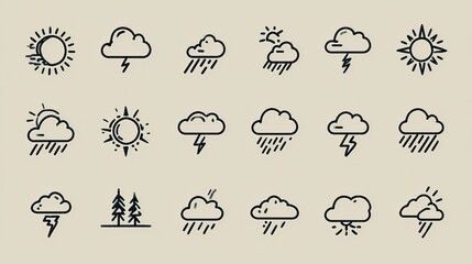 Weather Icons Set Featuring Sun, Clouds, Rain, and Lightning Symbols