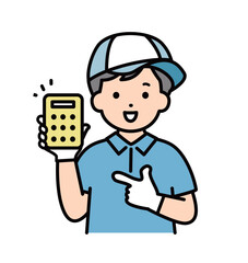 電卓を持つ男性作業員　スタッフ　業者　配送　配達　引越し　　業者　男　上半身　イラスト素材