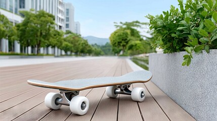 Grey Skateboard on Wooden Deck in Urban Setting
