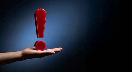 Hand presenting red exclamation mark with serious attention to detail in studio shot. Red exclamation mark is perfect to draw attention to something of importance.