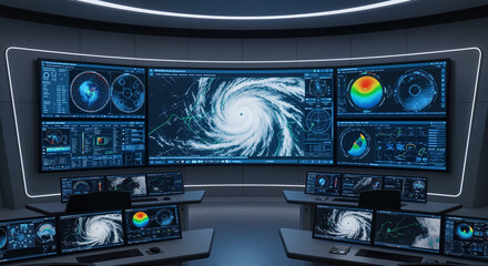 Fototapeta premium National Hurricane Center monitoring system displays hurricane tracking data on large screens.