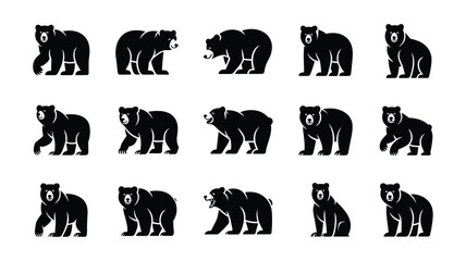 Fifteen Black Bear Silhouettes in Different Poses on White Background animal wildlife