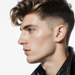 Fototapeta premium The Stylish Profile of a Fashionable Male: An engaging side portrait of a stylish man showcasing his well-groomed hair and confident features, capturing the essence of modern style and grace.