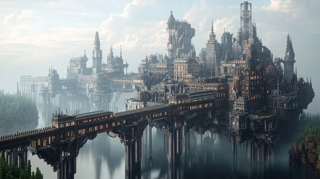 A futuristic Victorian city with layered architecture, intricate bridges, and floating monorails powered by steam