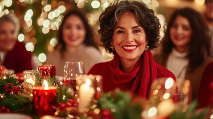 Happy woman at a festive Christmas dinner with friends and family.