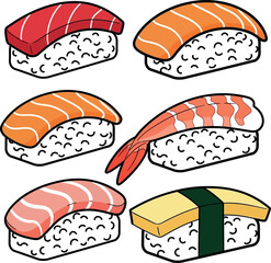 Assorted Nigiri Sushi Salmon Shrimp and Egg Toppings with Rice.