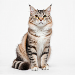 Obraz premium Maine Coon in Pose: Majestic Maine Coon cat sits proudly, exhibiting stunning fur and eyes. A domestic cat, the scene shows its natural elegance.