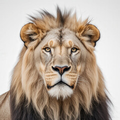 Fototapeta premium Majestic Lion: A captivating portrait of a regal lion, its piercing gaze and magnificent mane radiating strength and confidence, is a testament to the untamed beauty of the African savannah.