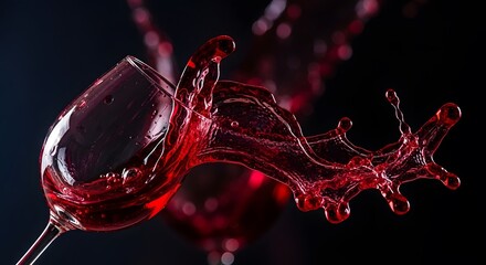 Vibrant crimson liquid gracefully splashes from a tilted wine glass, creating a captivating and artistic display of movement and luxury, perfect for moments of indulgence and celebration