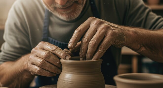 Skilled Potter's Hands Shaping Clay Pot, Artistic Craftsmanship, Close-Up, Warm Tones.