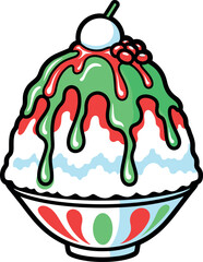 Cartoon Shaved Ice Dessert with Cherry Green Syrup and Red Drizzle.