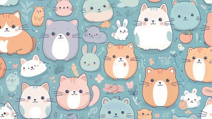 Whimsical Whispers: Adorable cartoon animals in a seamless pattern, a delightful array of cute creatures, ready to add a touch of joy to your project.
