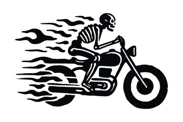 Skeleton riding motorcycle flame silhouette bold vector illustration