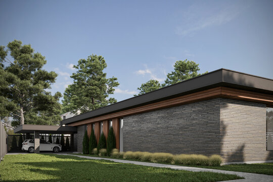 3D visualization of a modern house with an inner courtyard