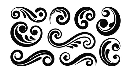 Set of Black Swirls and Flourishes Decorative Design Elements on White Background scroll