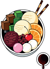 Colorful Japanese Anmitsu Dessert Bowl with Ice Cream and Fruit Toppings.