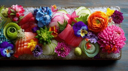 Fresh seafood sashimi arrayed artistically with vibrant, colorful flowers and cucumber