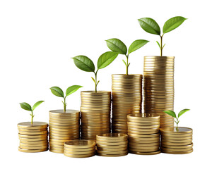 Growing stacks of gold coins with green sprouts isolated on transparent background