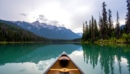 Tranquil lake scene from a canoe