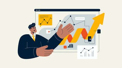 financial analyst presenting a growth chart on a screen vector illustration