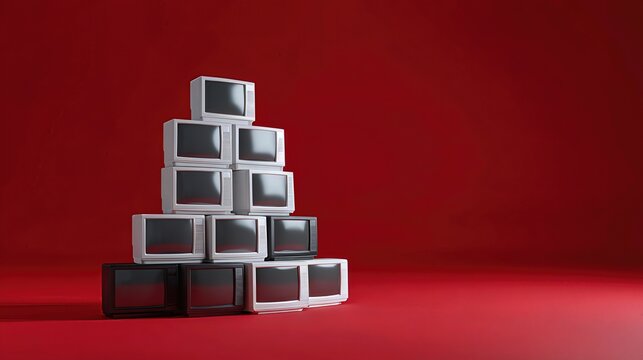 Stacked TVs on Red: A unique and thought-provoking composition showcasing a pyramid of vintage television sets stacked against a vibrant red backdrop. This image offers a nostalgic look at the past.